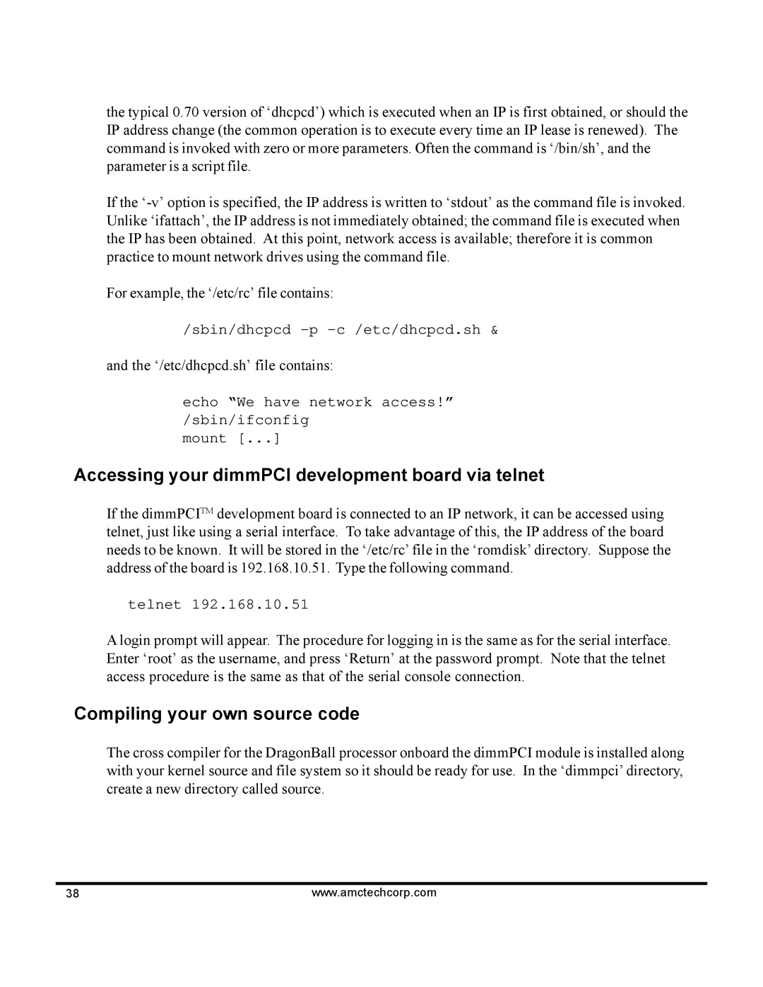 AMC 68VZ328 software manual Accessing your dimmPCI development board via telnet, Compiling your own source code 