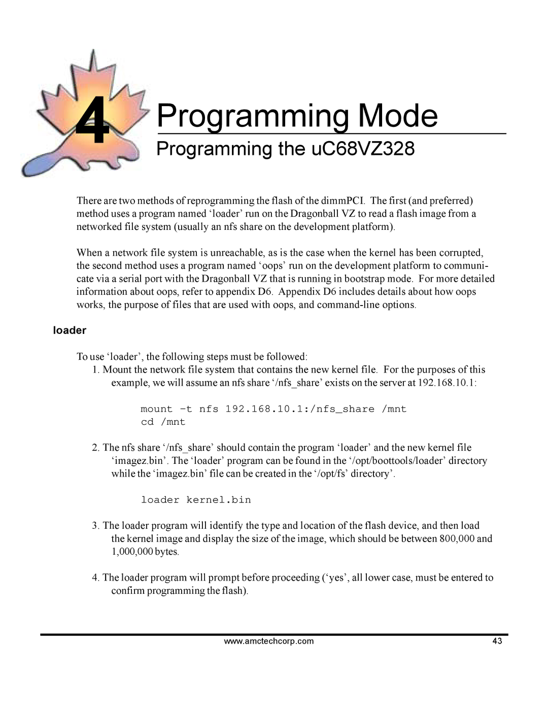 AMC software manual Programming the uC68VZ328, Loader 