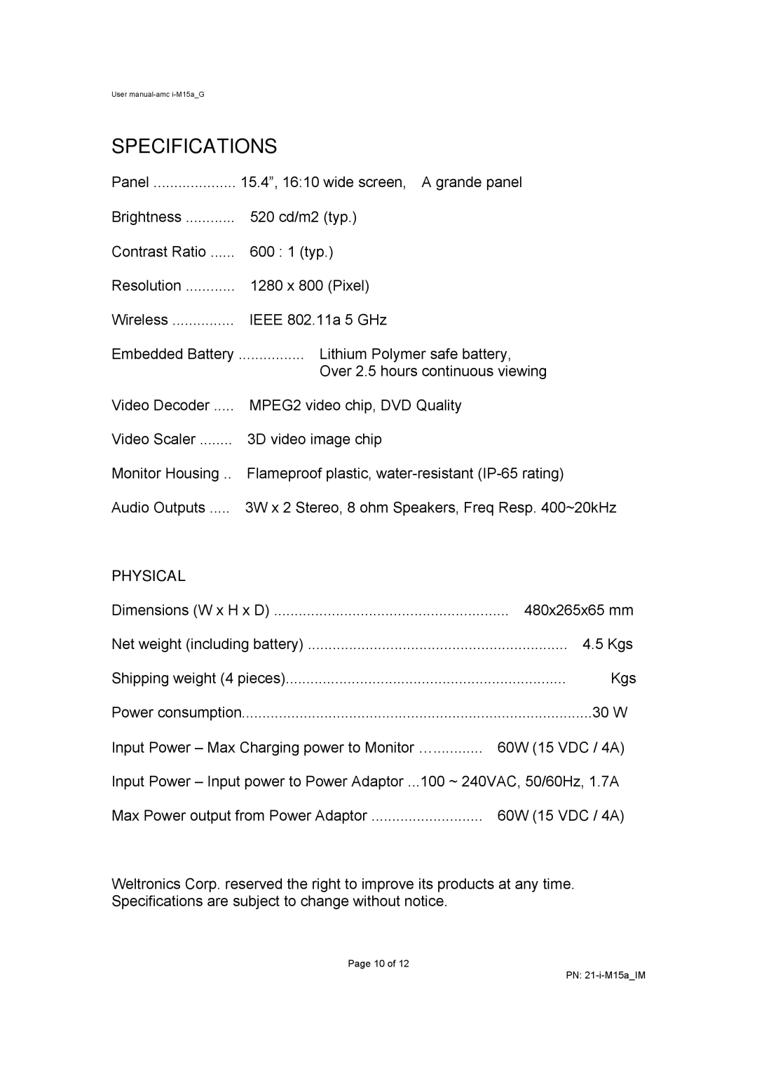 AMC I-M15A user manual Specifications, Physical 