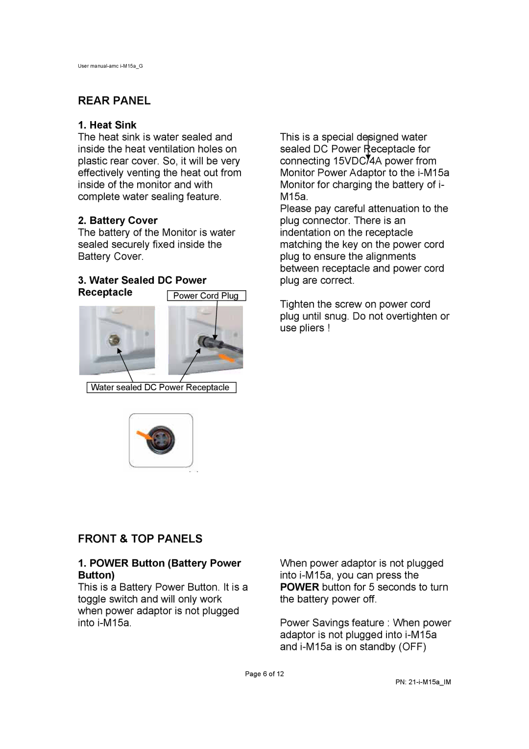 AMC I-M15A user manual Heat Sink, Battery Cover, Water Sealed DC Power Receptacle, Power Button Battery Power Button 