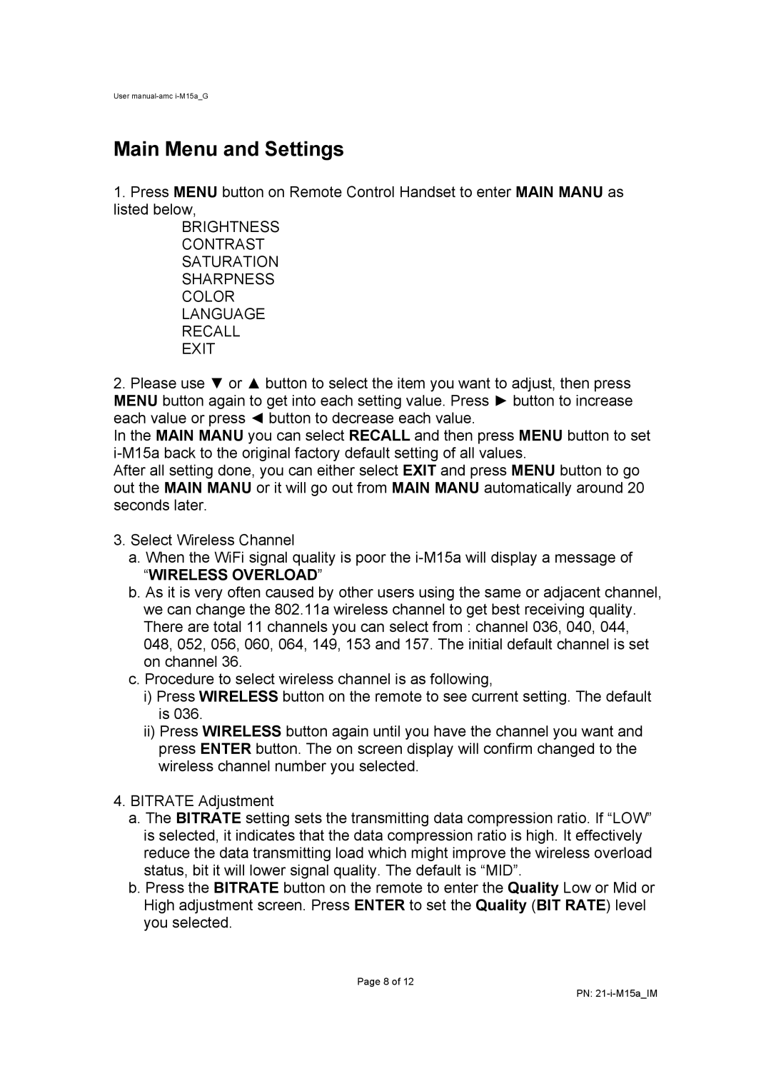 AMC I-M15A user manual Main Menu and Settings, Wireless Overload 