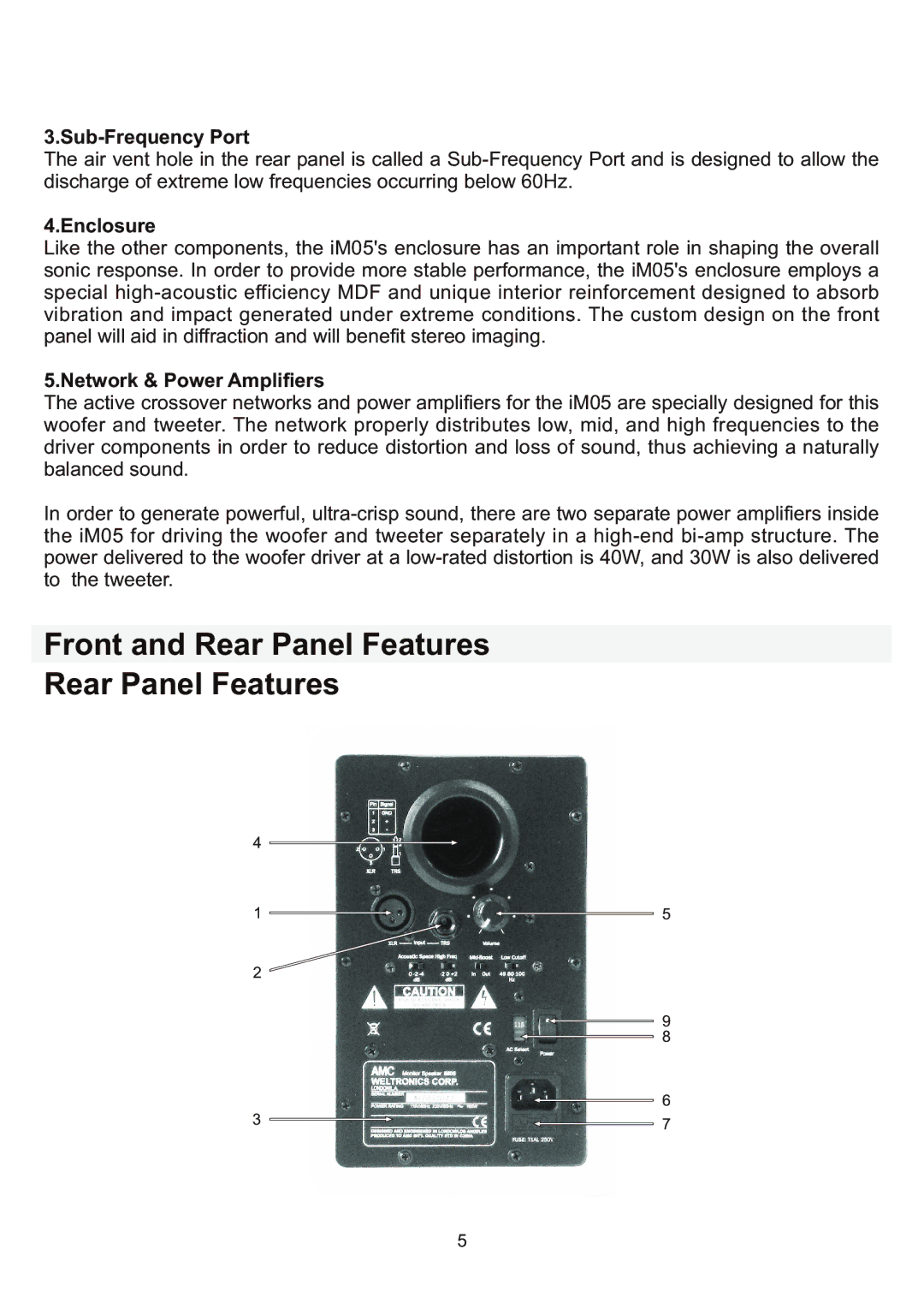 AMC iM05 manual Front and Rear Panel Features, Sub-Frequency Port, Enclosure, Network & Power Amplifiers 