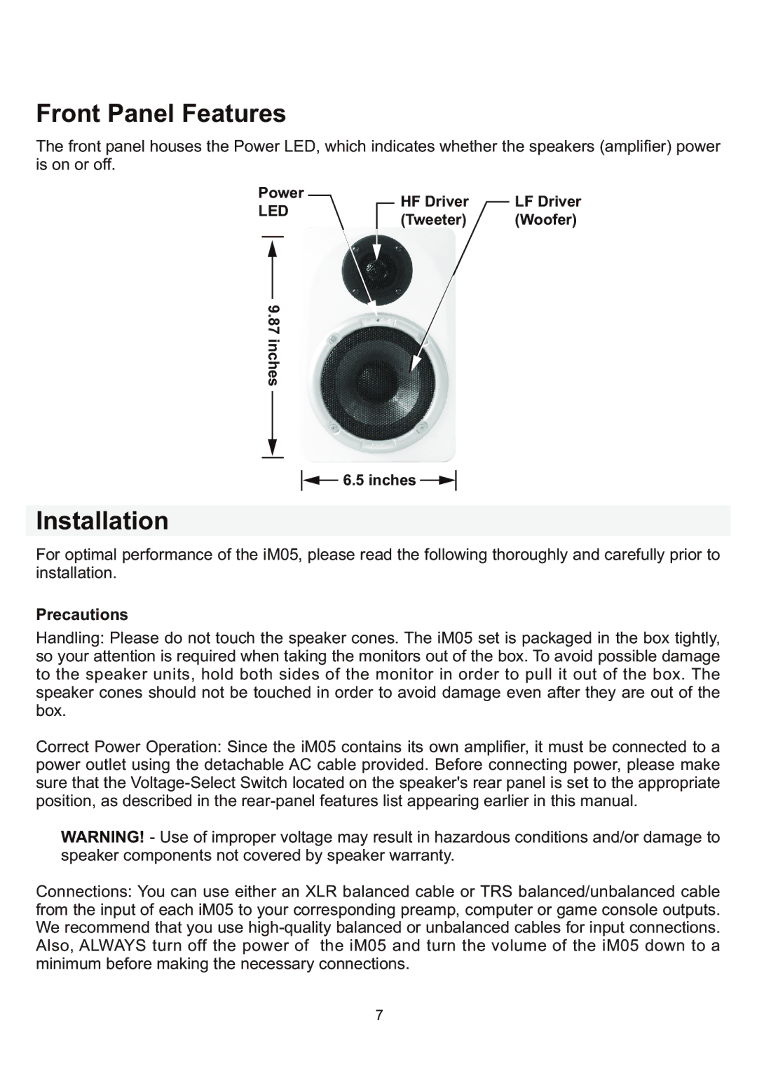 AMC iM05 manual Front Panel Features, Installation, Precautions 