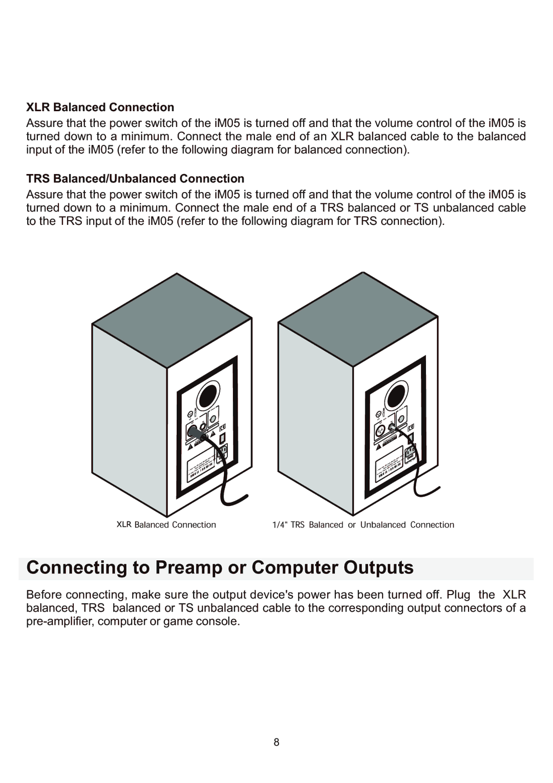 AMC iM05 manual Connecting to Preamp or Computer Outputs, XLR Balanced Connection, TRS Balanced/Unbalanced Connection 