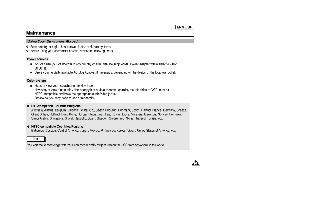 AMC SCD23/D24 manual Using Your Camcorder Abroad, Power sources, Color system, PAL-compatible Countries/Regions 