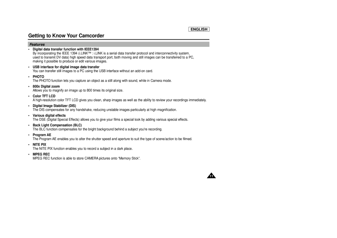 AMC SCD23/D24 manual Features, Photo, Nite PIX, Mpeg REC 