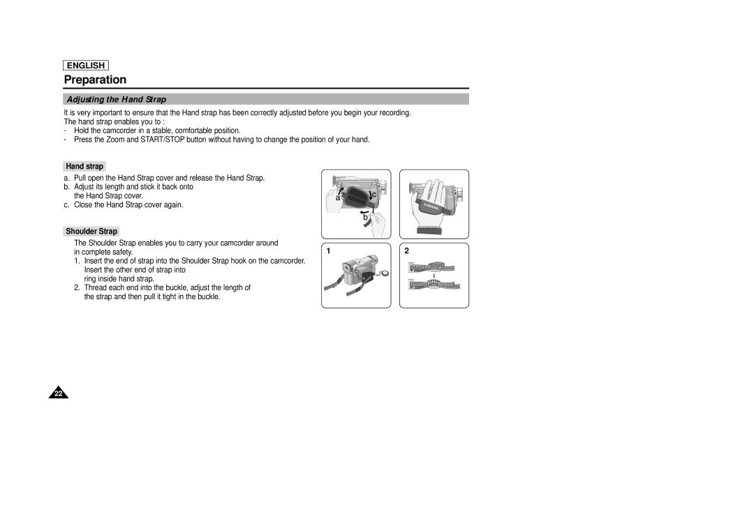 AMC SCD23/D24 manual Adjusting the Hand Strap, Hand strap, Shoulder Strap 