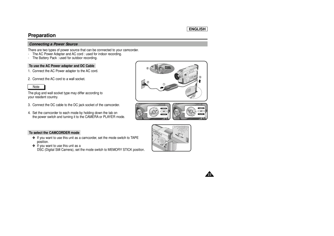 AMC SCD23/D24 manual Connecting a Power Source, To use the AC Power adapter and DC Cable, To select the Camcorder mode 