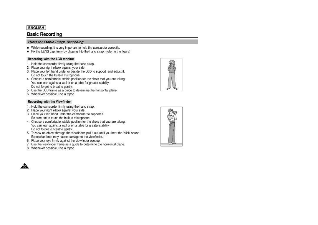 AMC SCD23/D24 manual Hints for Stable Image Recording, Recording with the LCD monitor, Recording with the Viewfinder 