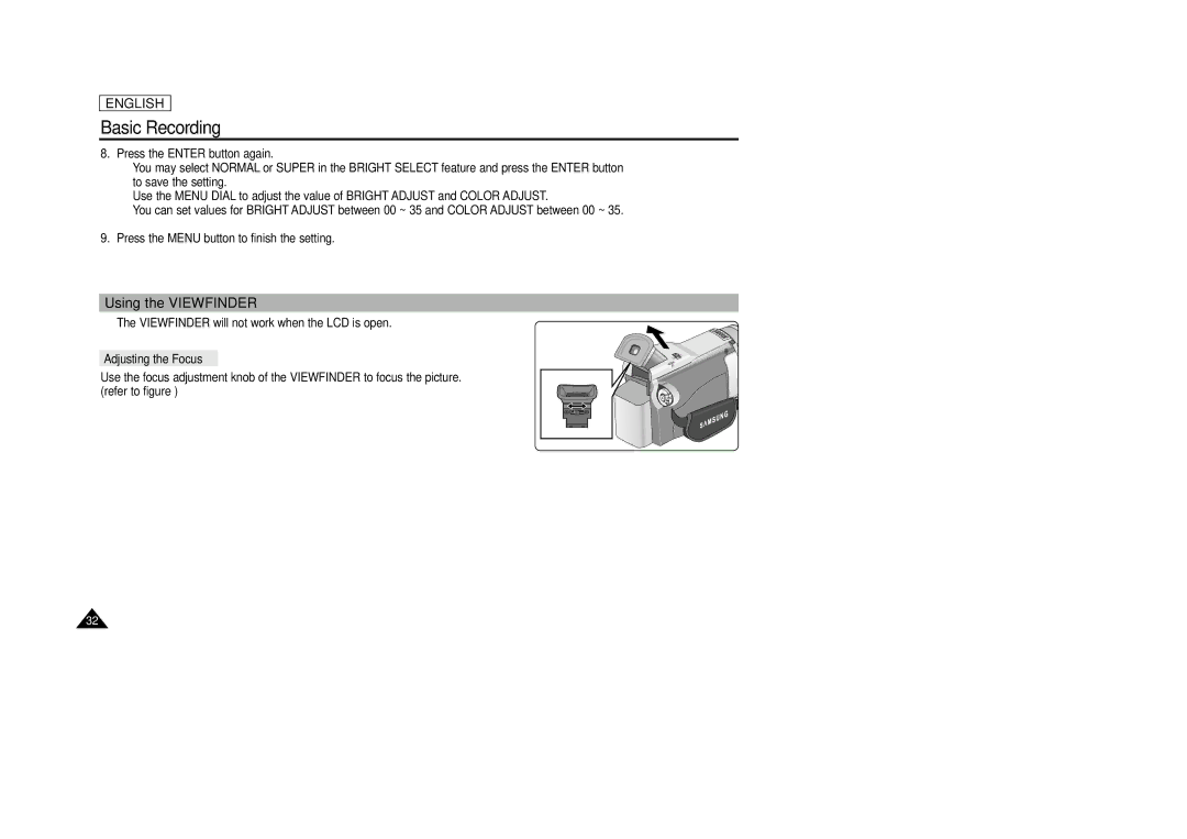 AMC SCD23/D24 manual Using the Viewfinder, Adjusting the Focus 