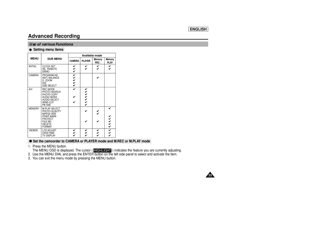 AMC SCD23/D24 manual Use of various Functions, Setting menu items 