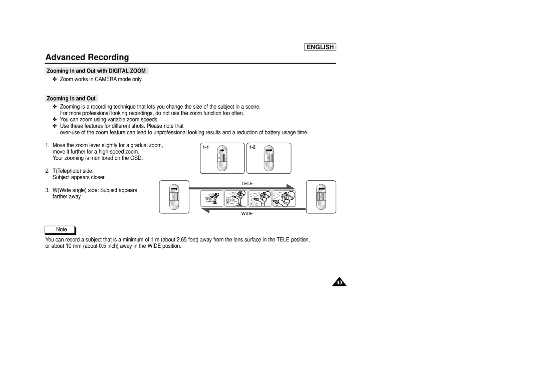 AMC SCD23/D24 manual Zooming In and Out with Digital Zoom, Move the zoom lever slightly for a gradual zoom 