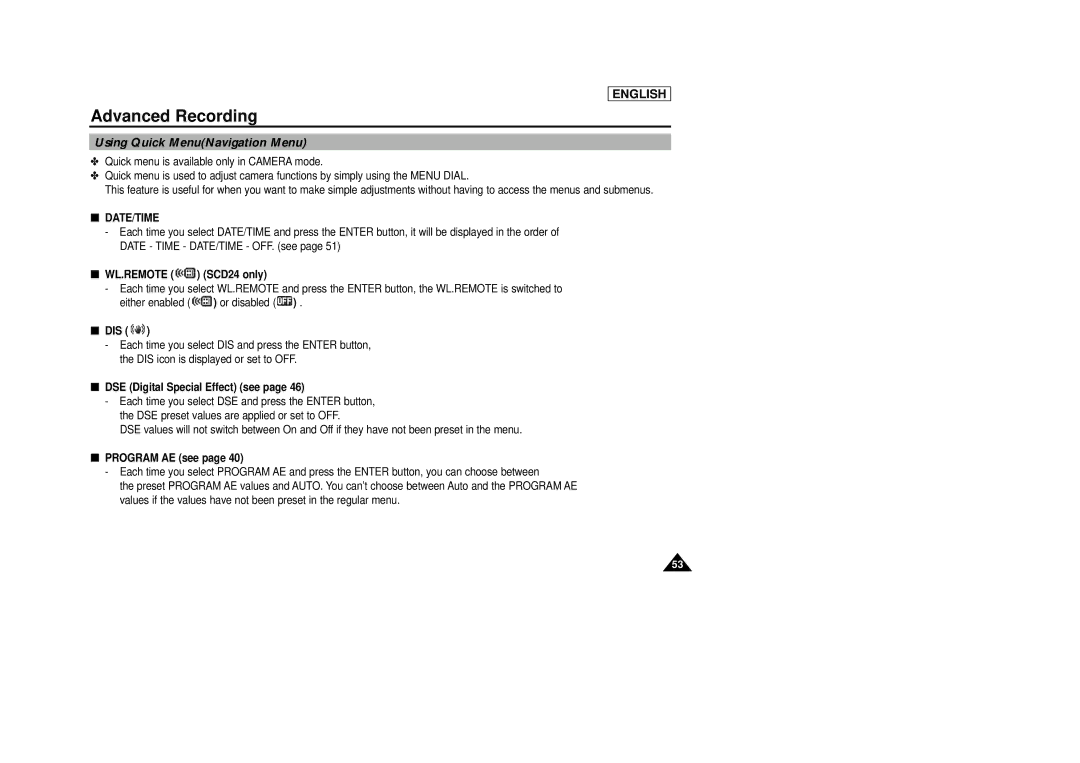 AMC SCD23/D24 manual Using Quick MenuNavigation Menu, Wl.Remote, Dis, DSE Digital Special Effect see 