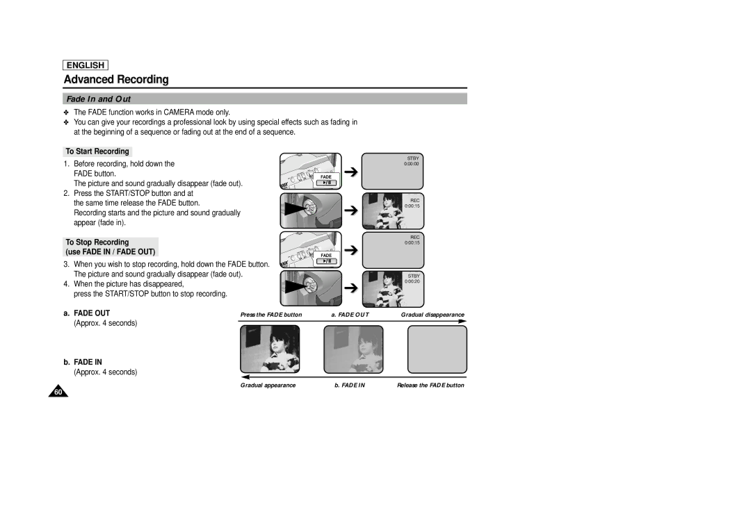 AMC SCD23/D24 manual Fade In and Out, To Start Recording, To Stop Recording Use Fade in / Fade OUT 