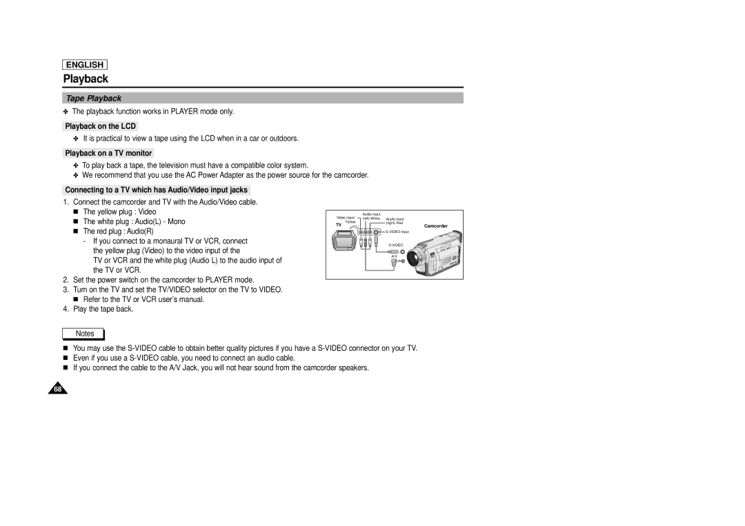 AMC SCD23/D24 manual Tape Playback, Playback on the LCD, Playback on a TV monitor 