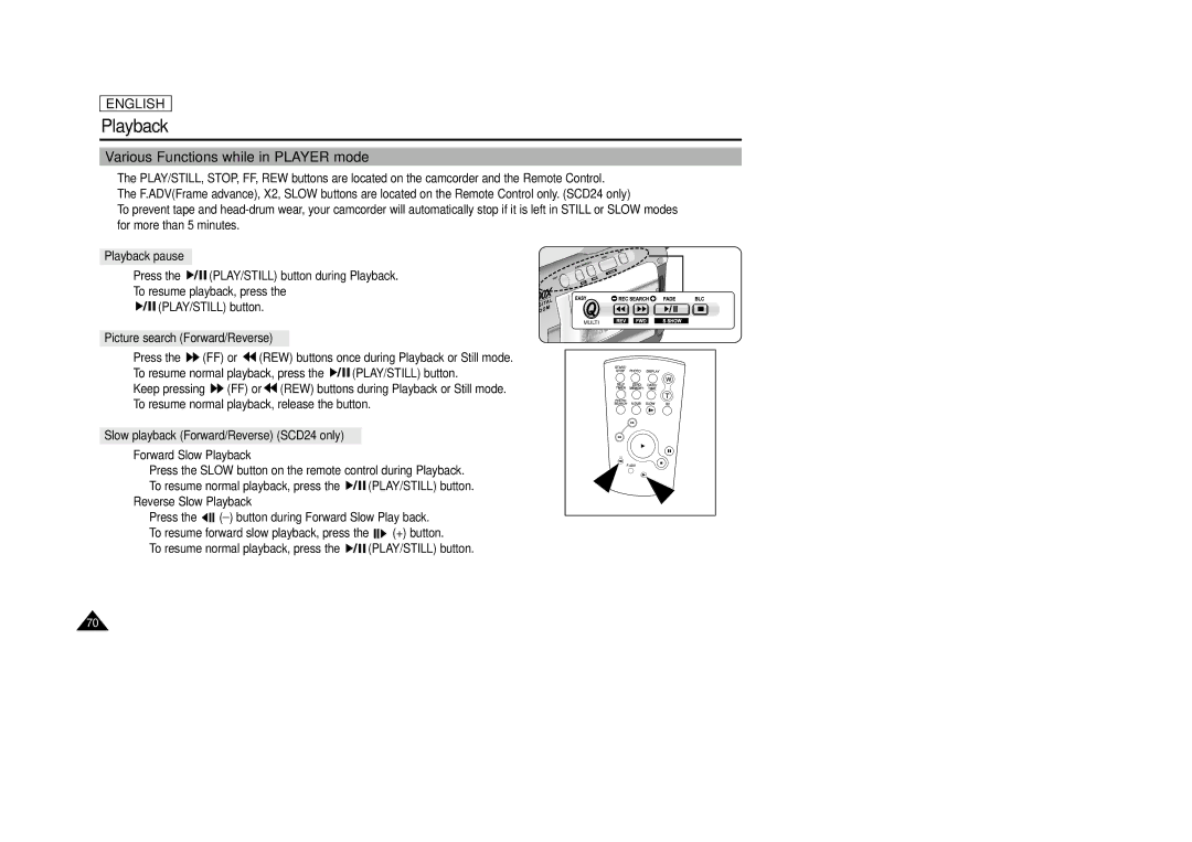 AMC SCD23/D24 manual Various Functions while in Player mode, Playback pause, Picture search Forward/Reverse 