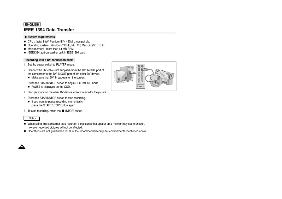 AMC SCD23/D24 manual System requirements, Recording with a DV connection cable 