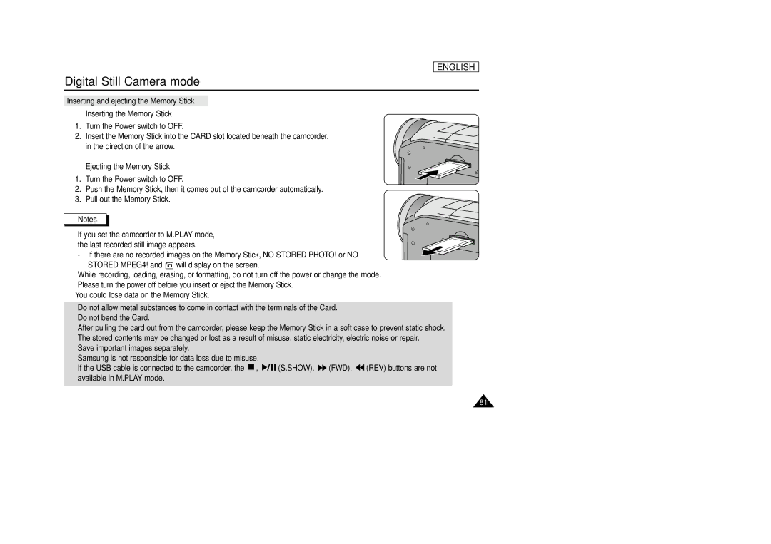 AMC SCD23/D24 manual Ejecting the Memory Stick 