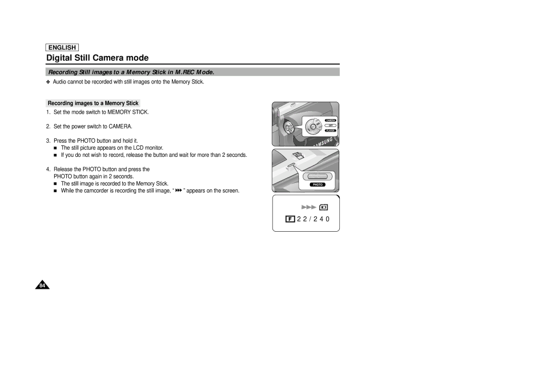 AMC SCD23/D24 manual Recording Still images to a Memory Stick in M.REC Mode, Recording images to a Memory Stick 