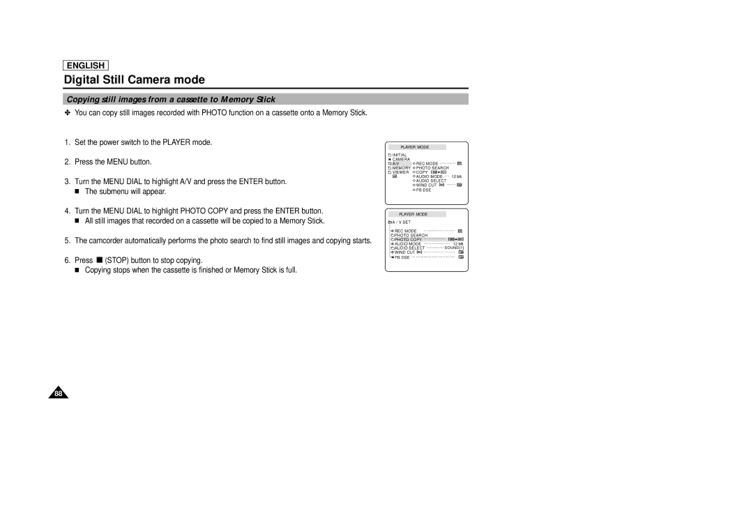 AMC SCD23/D24 manual Copying still images from a cassette to Memory Stick 