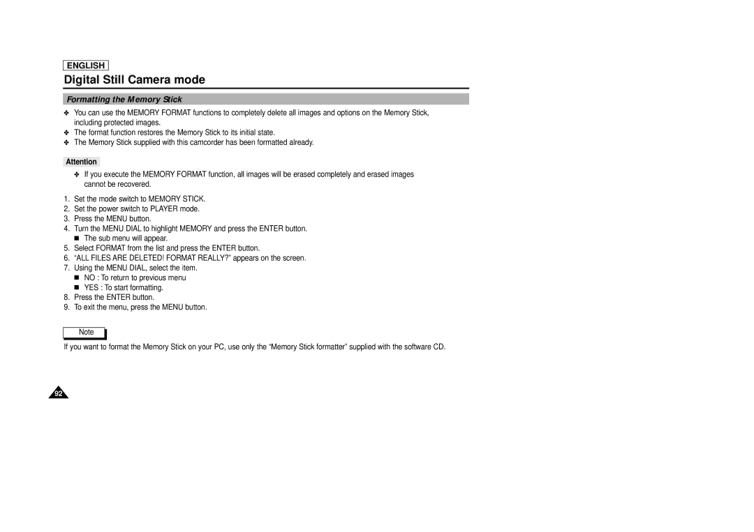 AMC SCD23/D24 manual Formatting the Memory Stick 