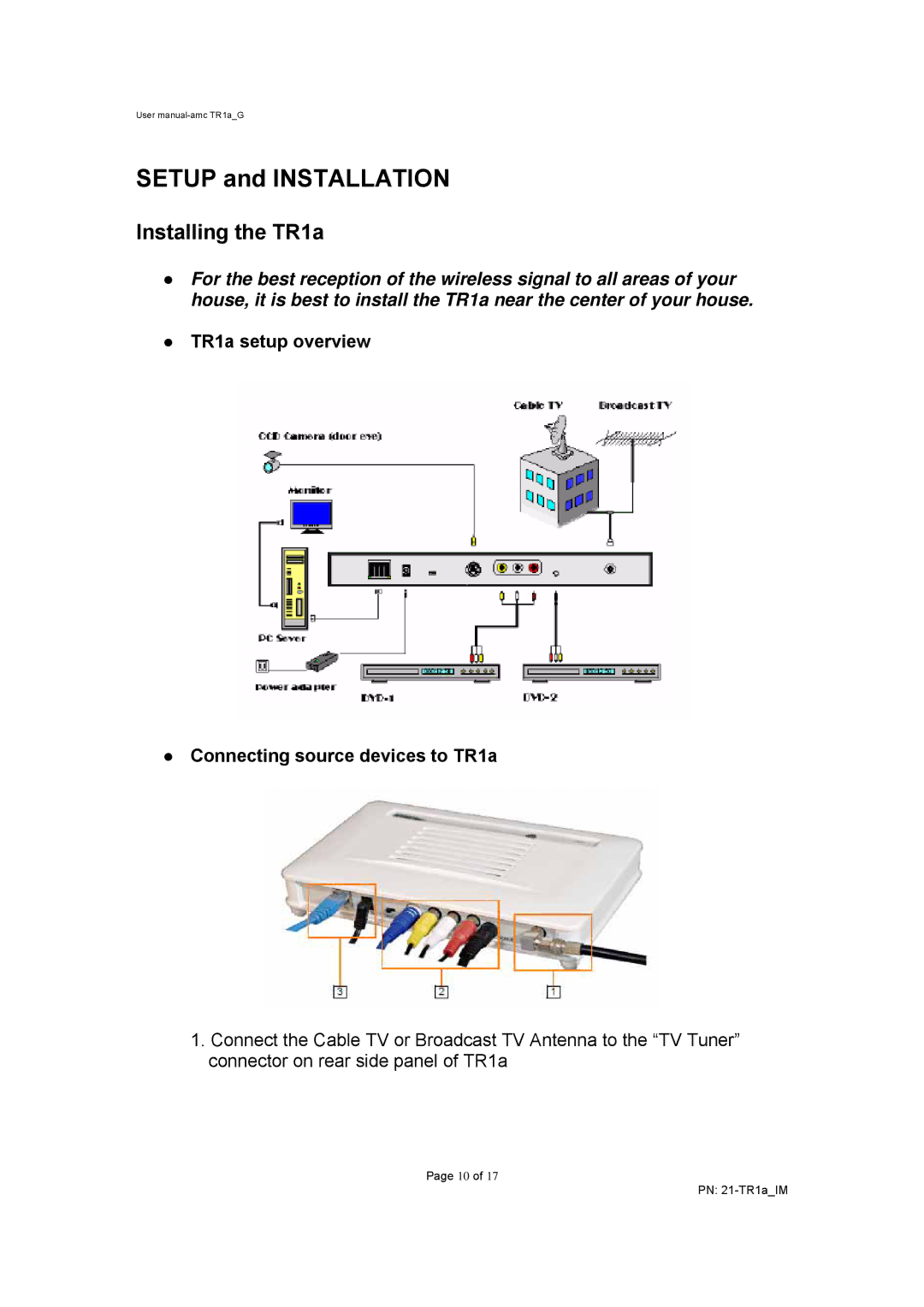 AMC user manual Setup and Installation, TR1a setup overview Connecting source devices to TR1a 