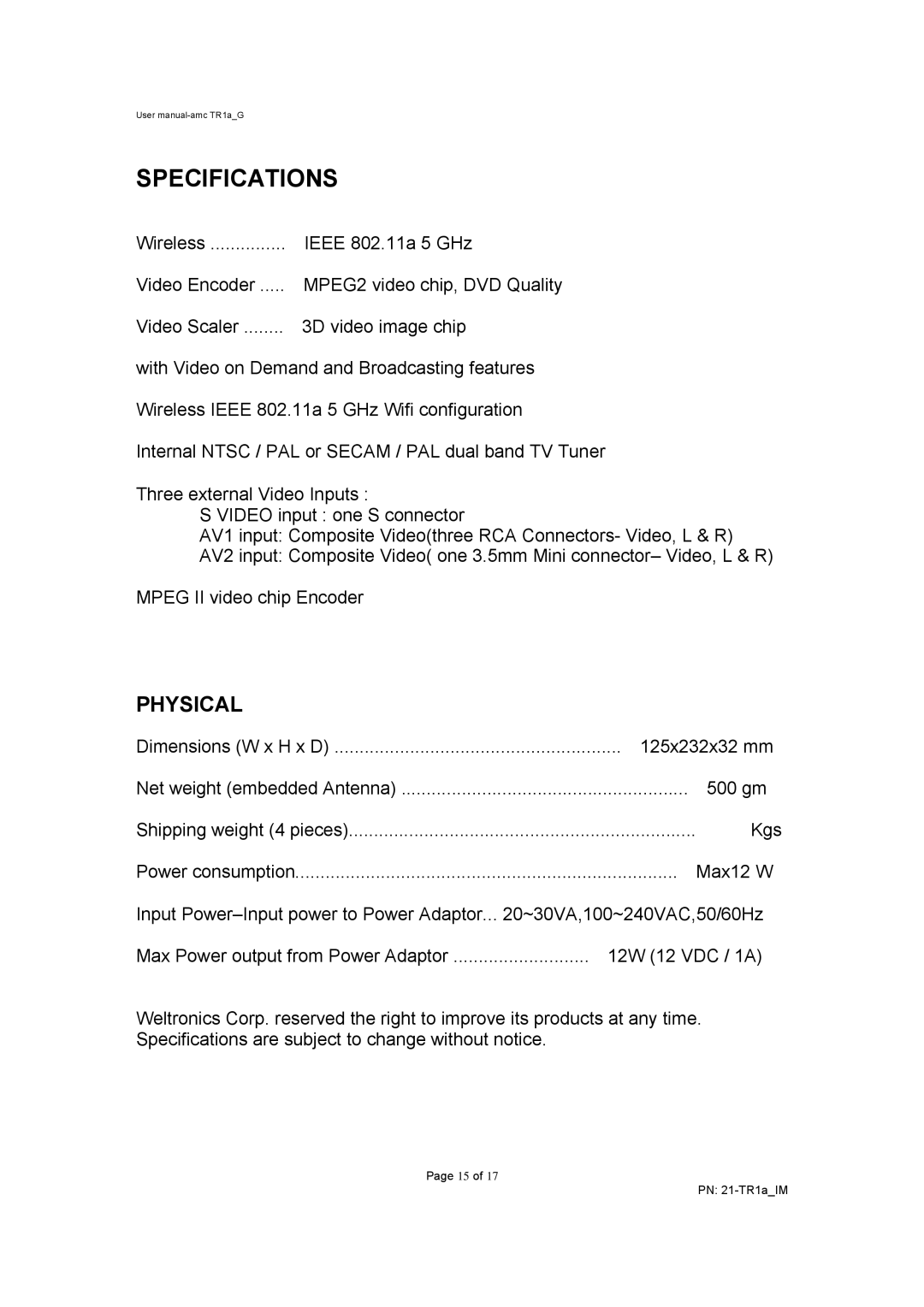 AMC TR1a user manual Specifications 