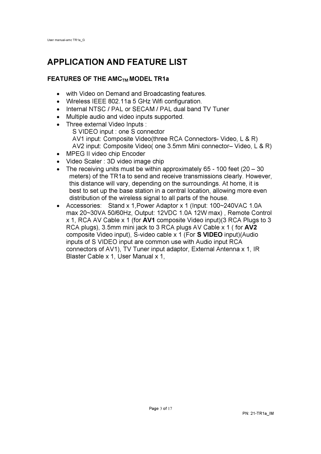 AMC user manual Application and Feature List, Features of the Amctm Model TR1a 