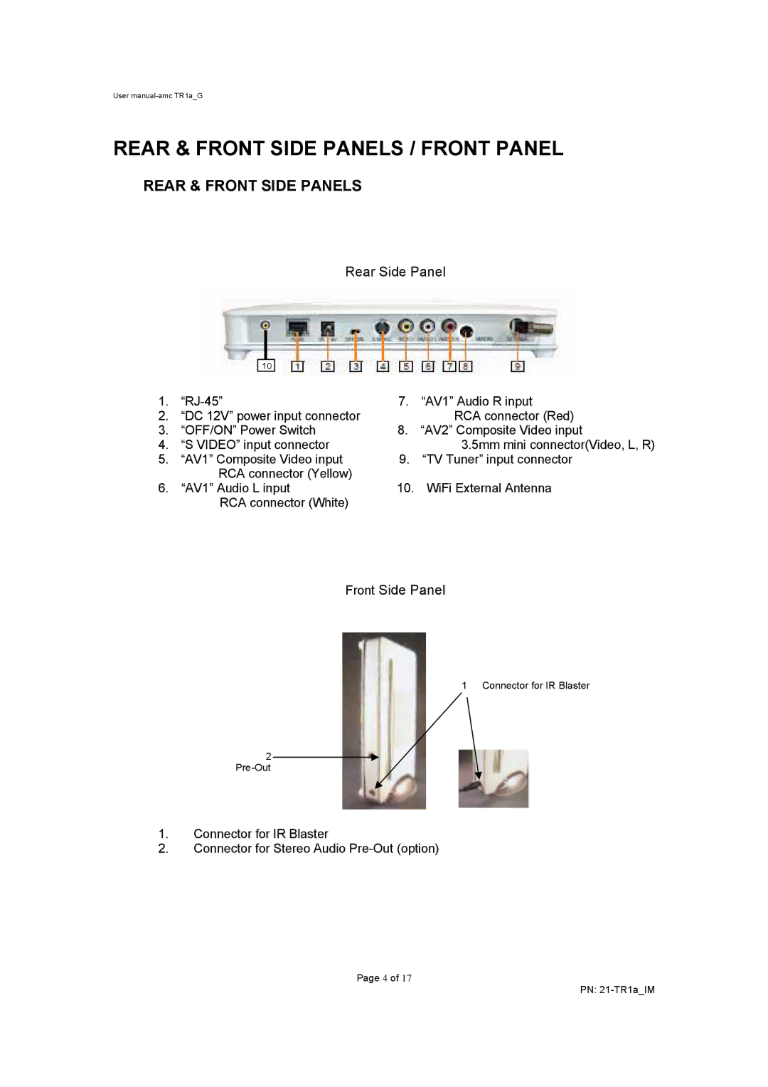 AMC TR1a user manual Rear & Front Side Panels / Front Panel 