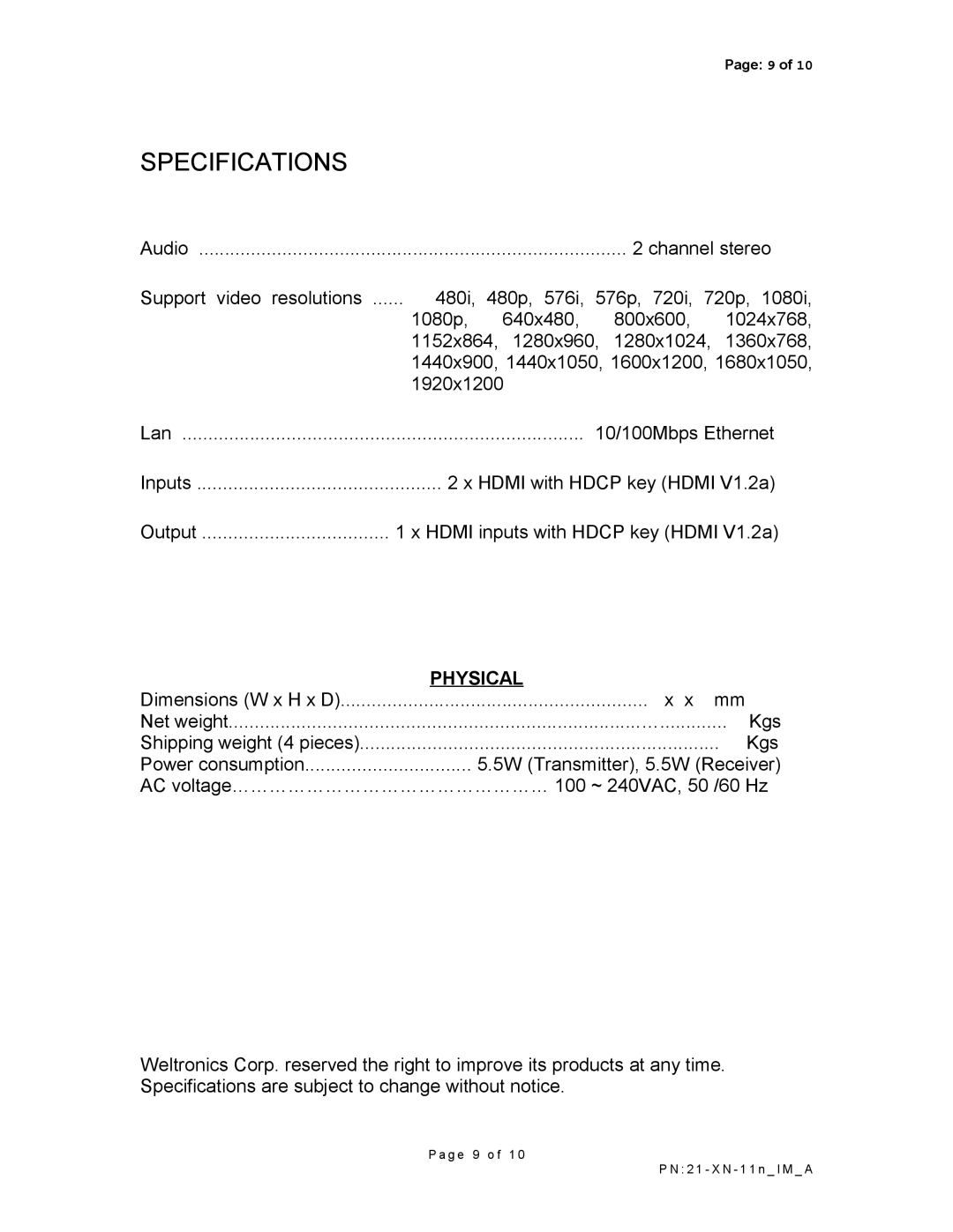 AMC XN-11n manual Specifications 