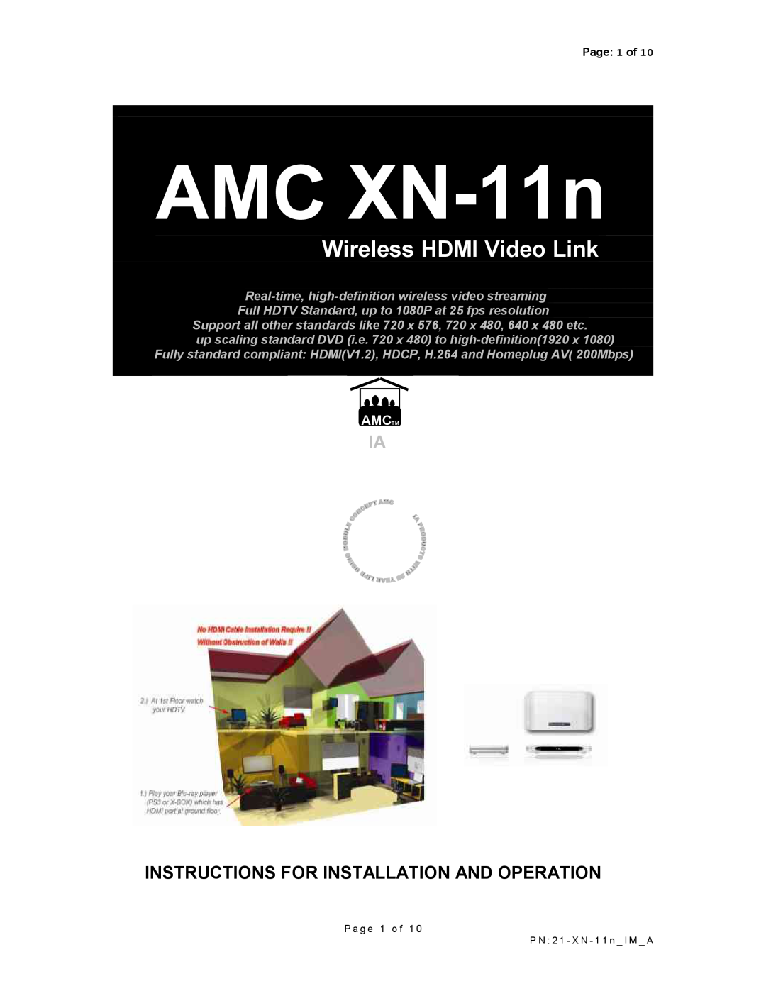 AMC manual AMC XN-11n, Wireless HDMI Video Link, Instructions For Installation And Operation, Amctm 