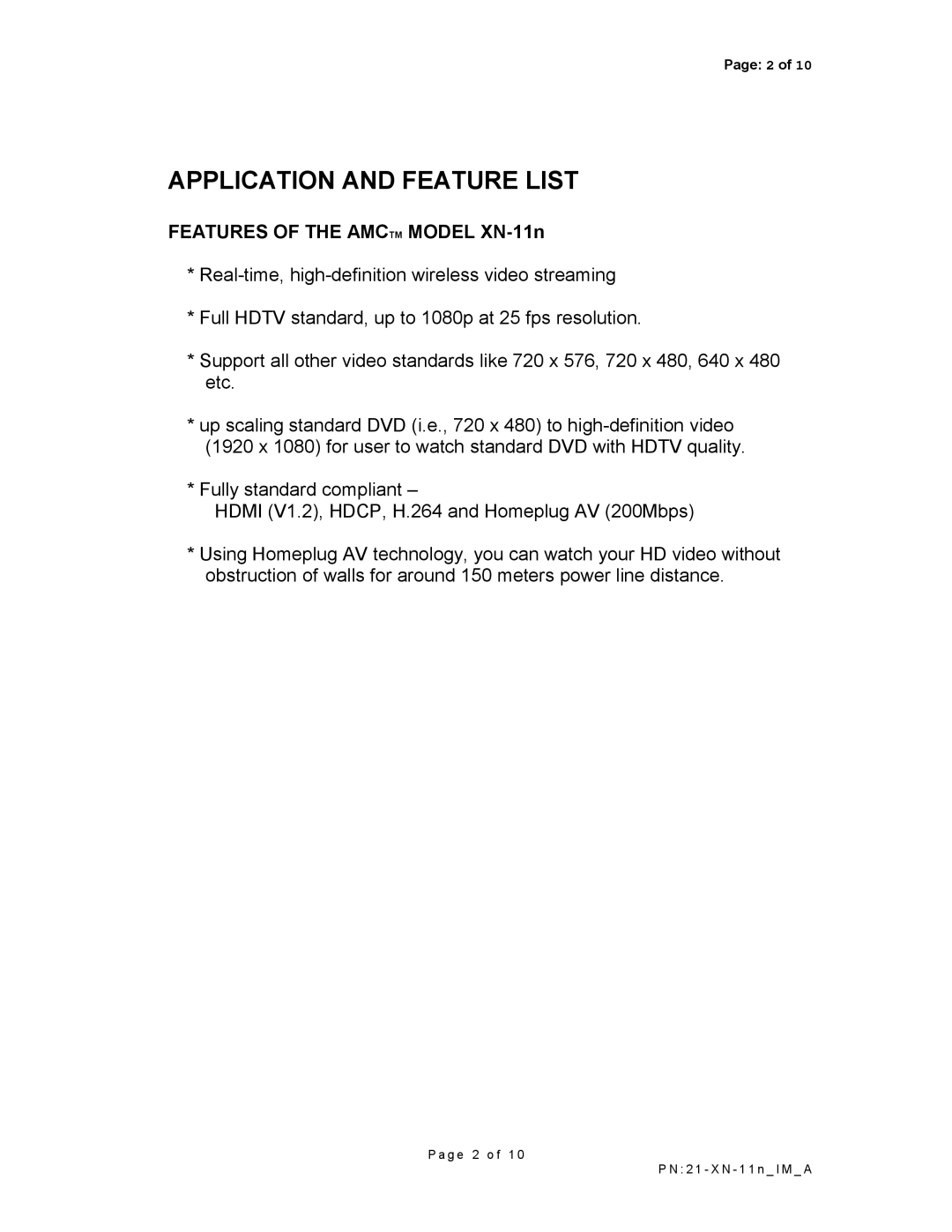 AMC manual Application And Feature List, FEATURES OF THE AMCTM MODEL XN-11n 