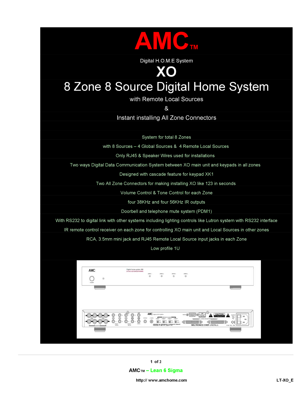 AMC XO manual Zone 8 Source Digital Home System, Amctm Lean 6 Sigma, System for total 8 Zones 