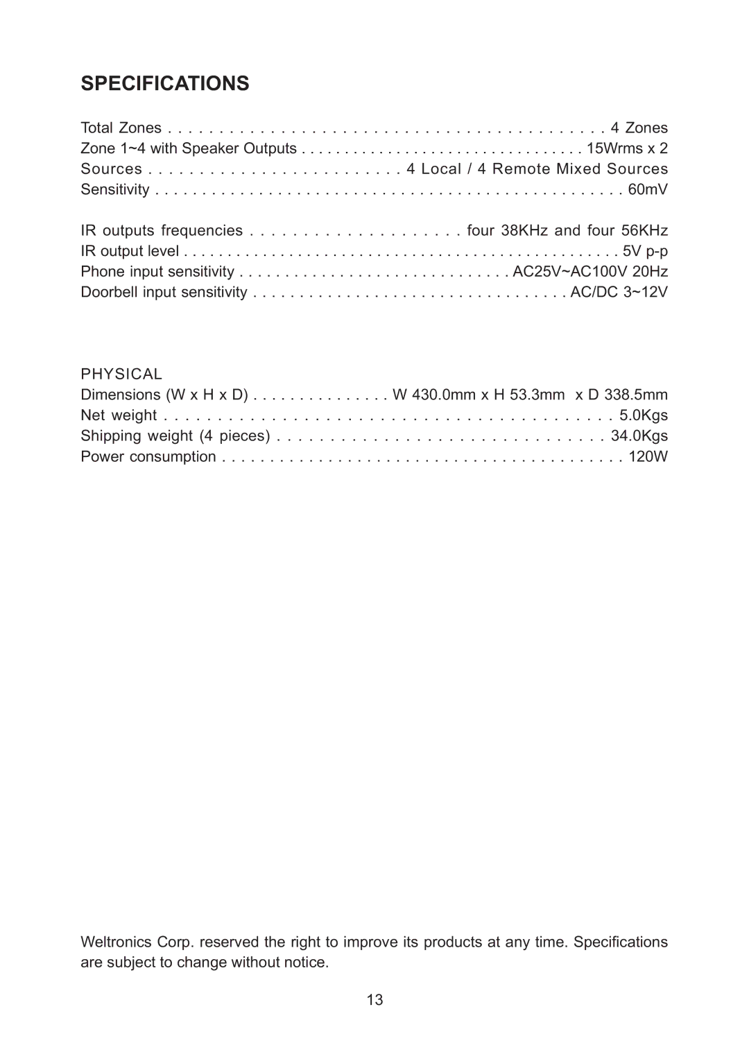 AMC XOi manual Specifications, Physical 