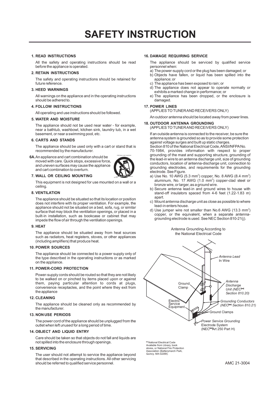 AMC XOi manual Safety Instruction 