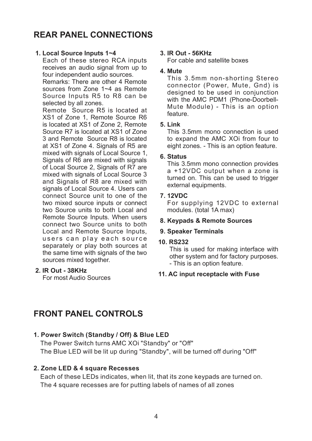 AMC XOi manual Rear Panel Connections, Front Panel Controls 