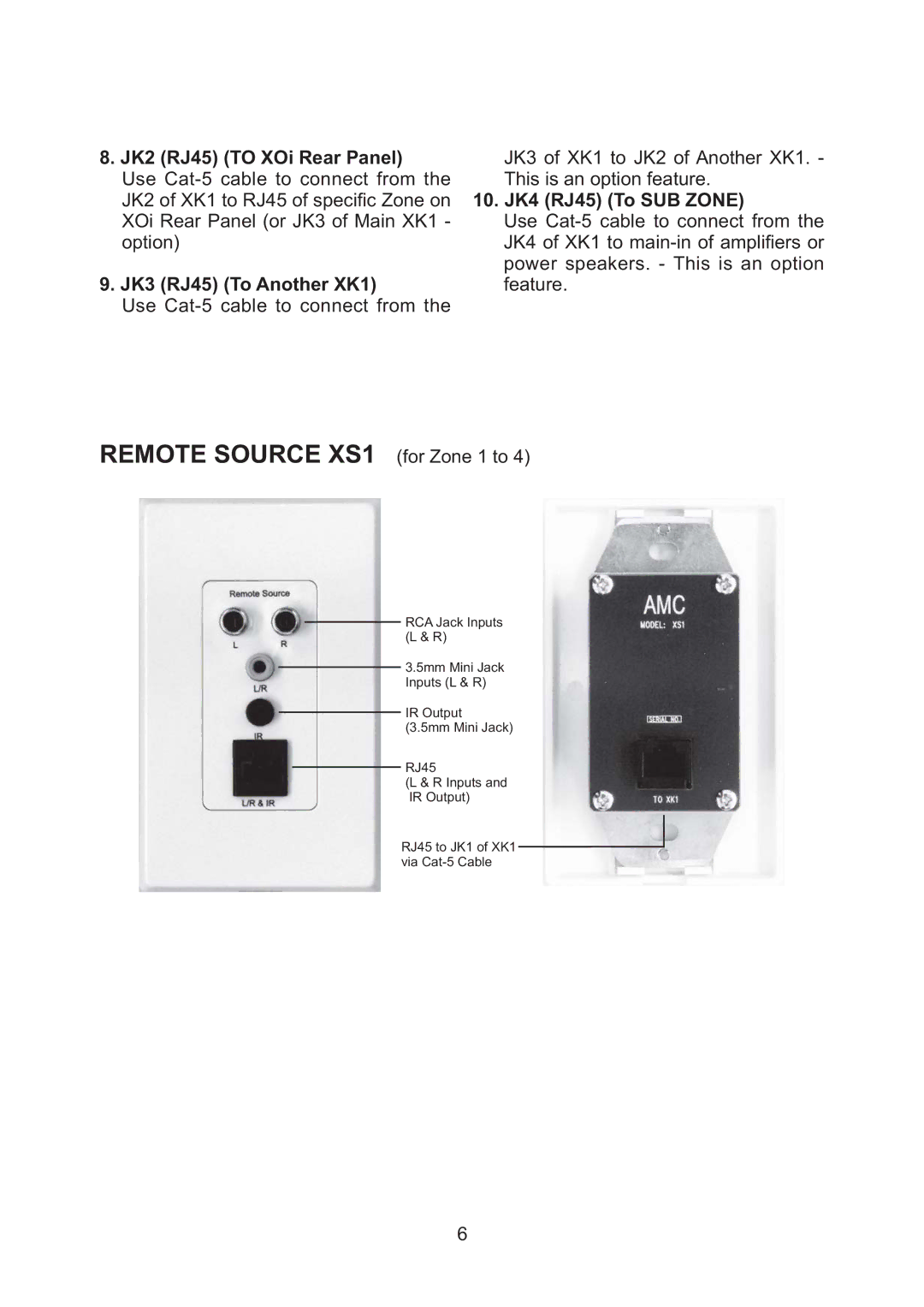 AMC manual JK2 RJ45 to XOi Rear Panel, JK3 RJ45 To Another XK1, 10. JK4 RJ45 To SUB Zone 