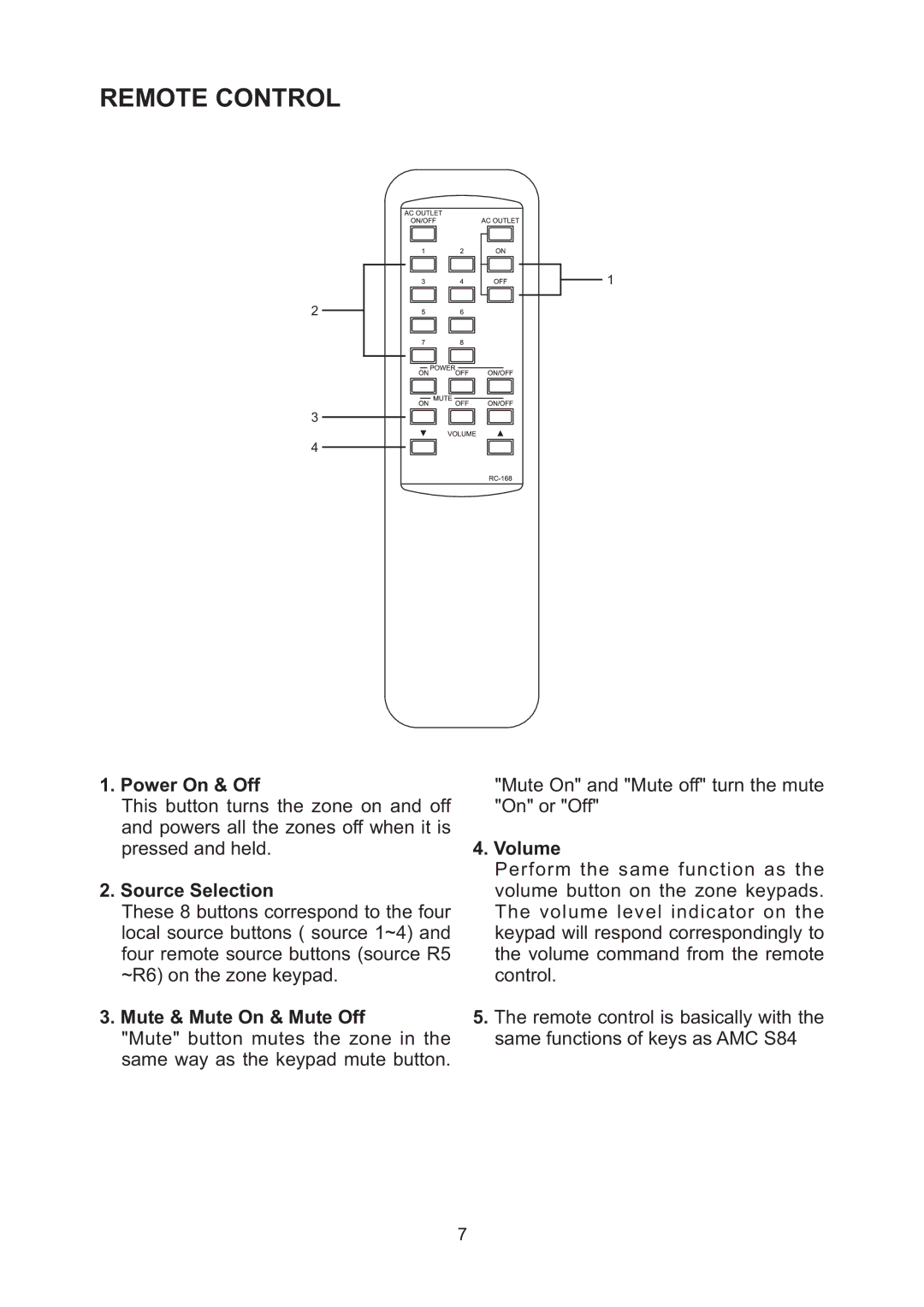 AMC XOi manual Remote Control, Power On & Off, Mute & Mute On & Mute Off, Volume 