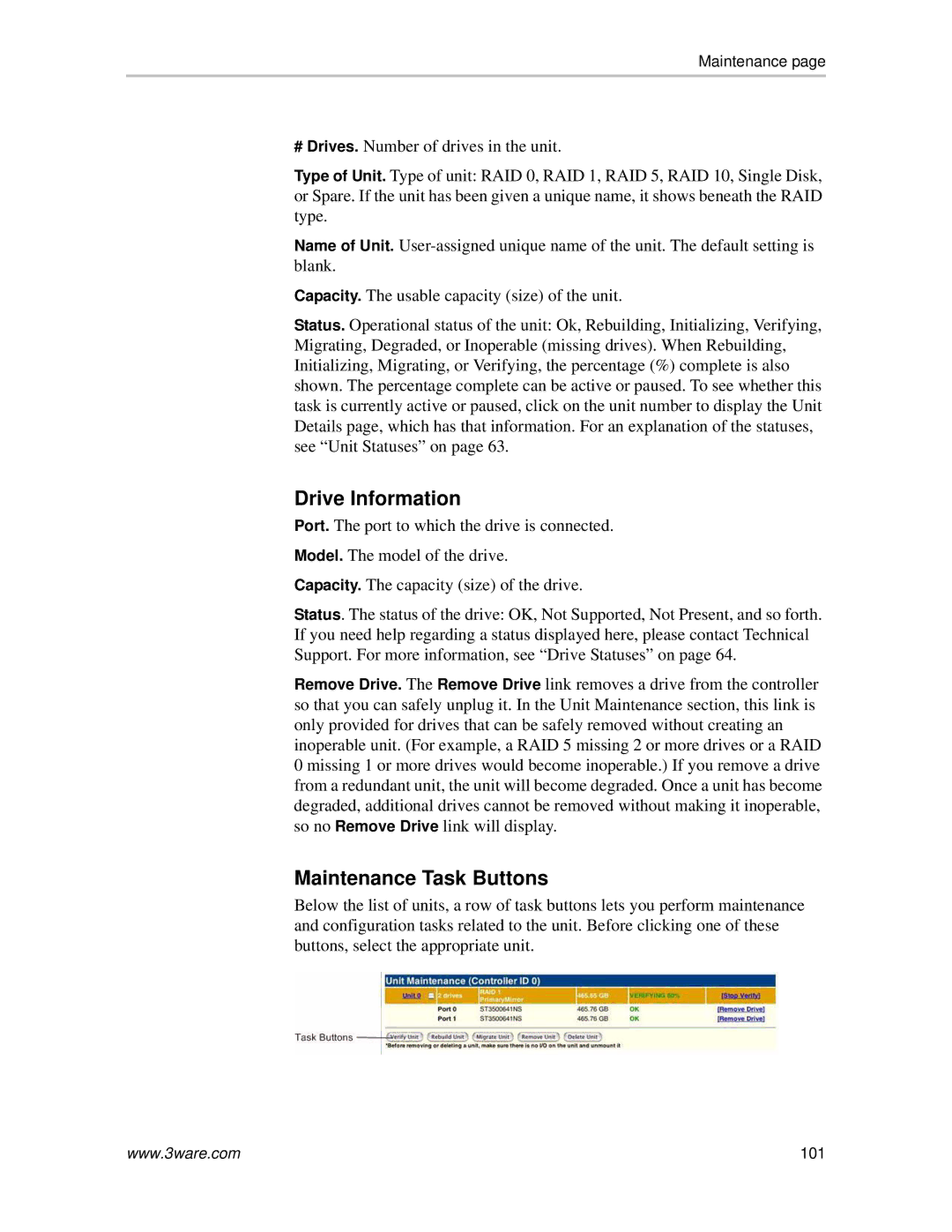 AMCC 720-0138-00 manual Drive Information, Maintenance Task Buttons 