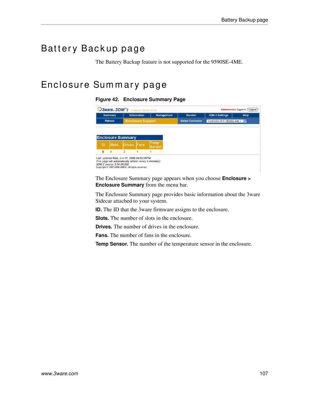 AMCC 720-0138-00 manual Battery Backup, Enclosure Summary 