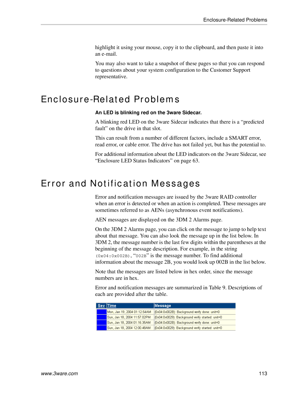 AMCC 720-0138-00 manual Enclosure-Related Problems, Error and Notification Messages 