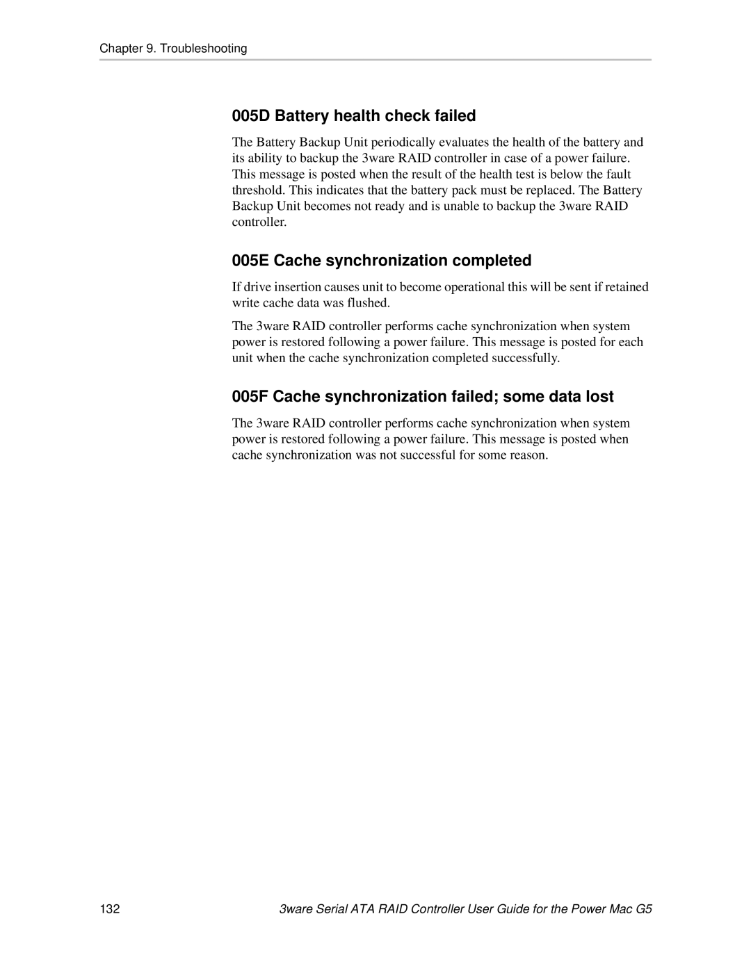 AMCC 720-0138-00 manual 005D Battery health check failed, 005E Cache synchronization completed 