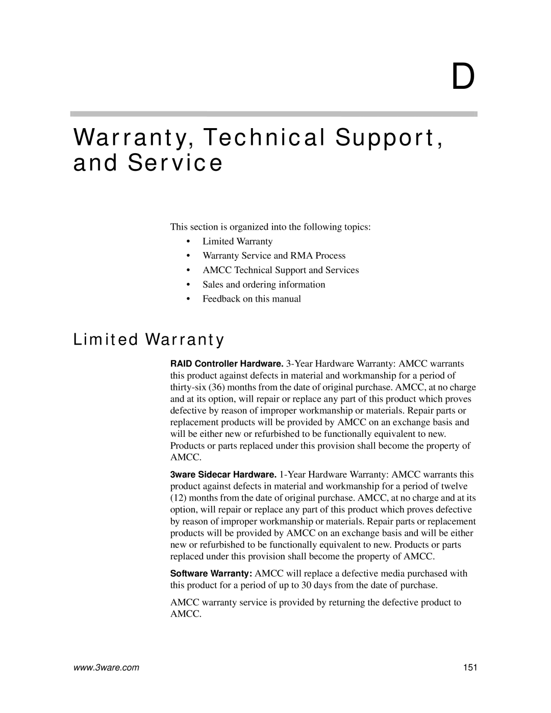 AMCC 720-0138-00 manual Warranty, Technical Support, and Service, Limited Warranty 