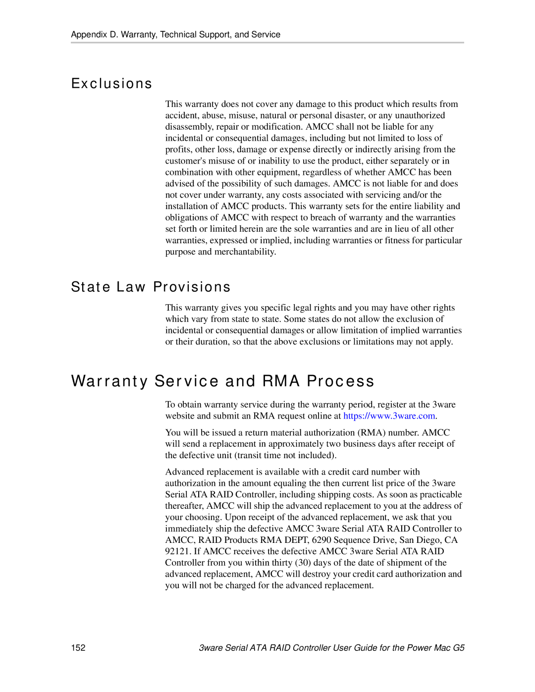 AMCC 720-0138-00 manual Warranty Service and RMA Process, Exclusions, State Law Provisions 