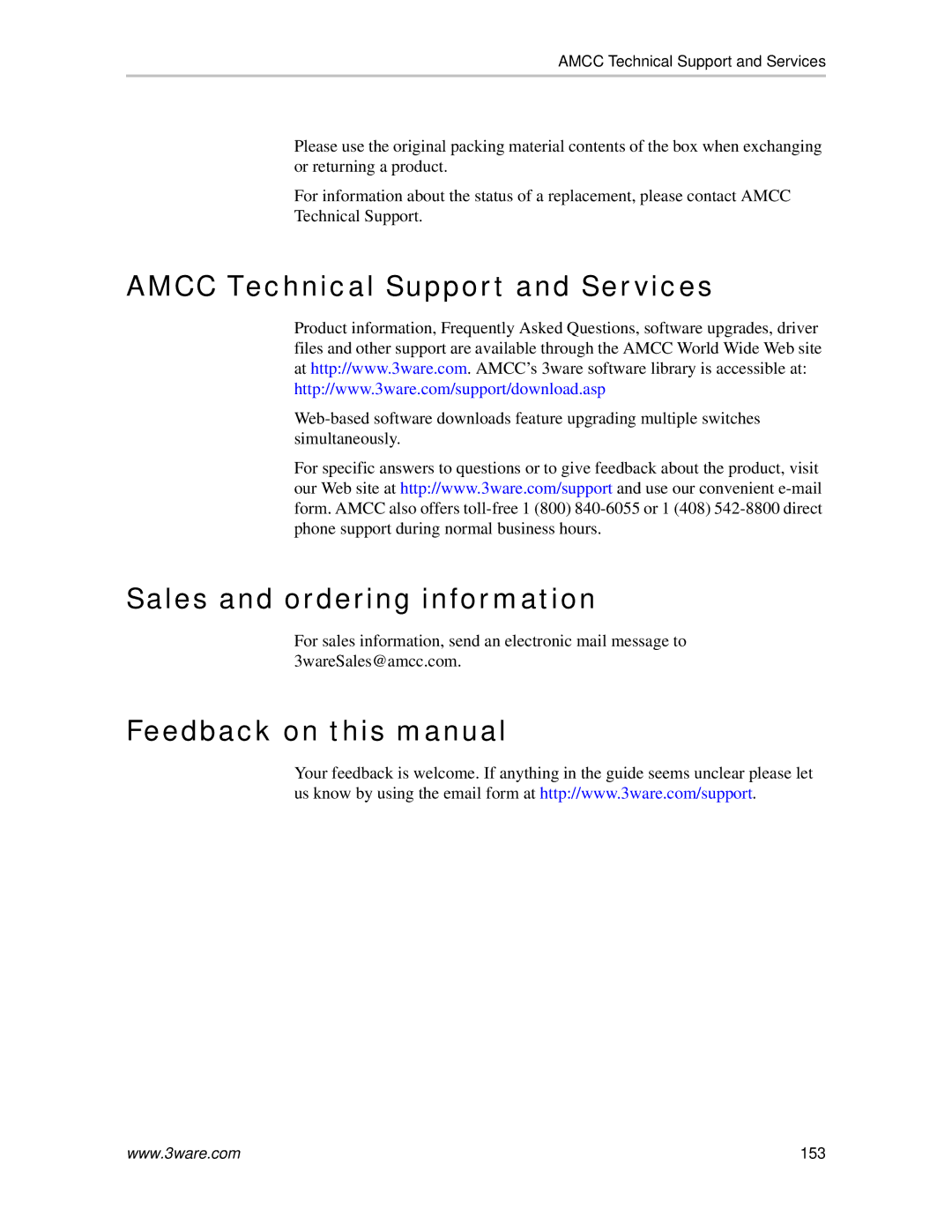 AMCC 720-0138-00 Amcc Technical Support and Services, Sales and ordering information, Feedback on this manual 