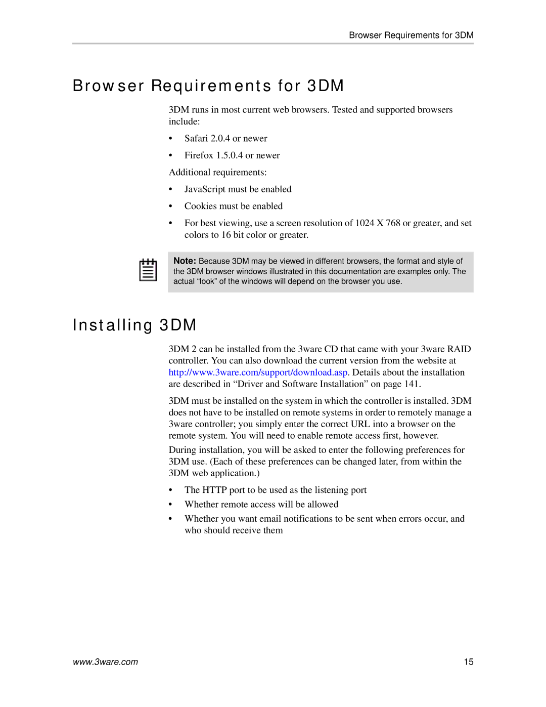 AMCC 720-0138-00 manual Browser Requirements for 3DM, Installing 3DM 