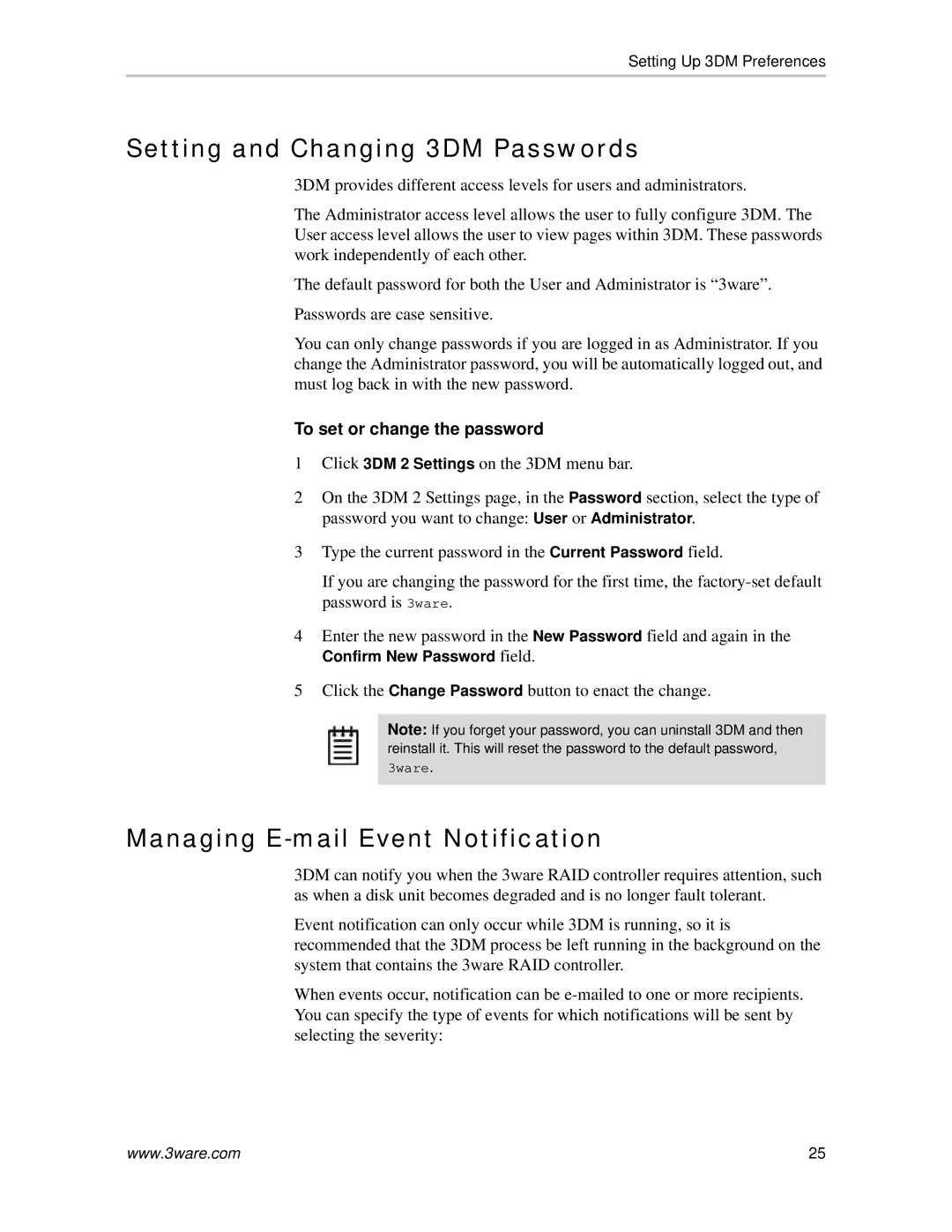 AMCC 720-0138-00 Setting and Changing 3DM Passwords, Managing E-mail Event Notification, To set or change the password 