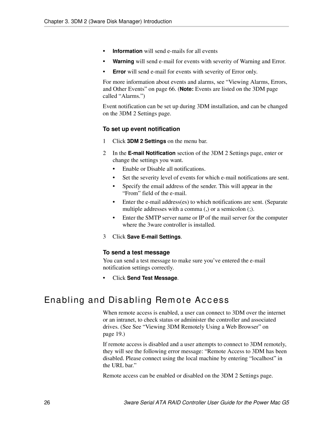 AMCC 720-0138-00 manual Enabling and Disabling Remote Access, To set up event notification, To send a test message 