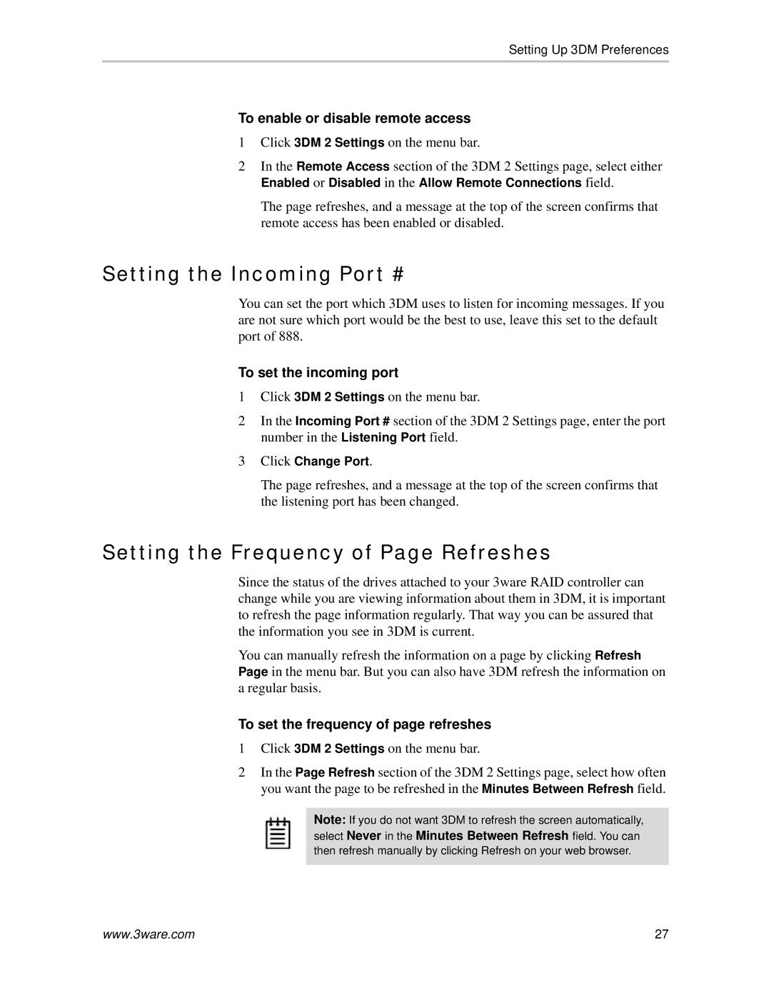 AMCC 720-0138-00 Setting the Incoming Port #, Setting the Frequency of Page Refreshes, To enable or disable remote access 