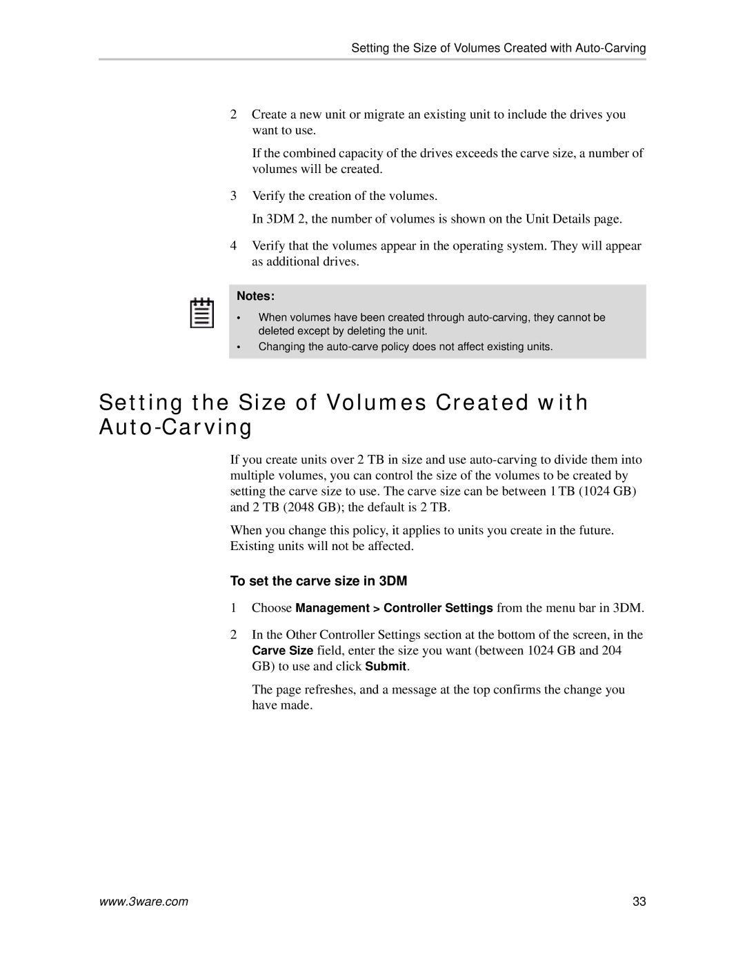 AMCC 720-0138-00 manual Setting the Size of Volumes Created with Auto-Carving, To set the carve size in 3DM 